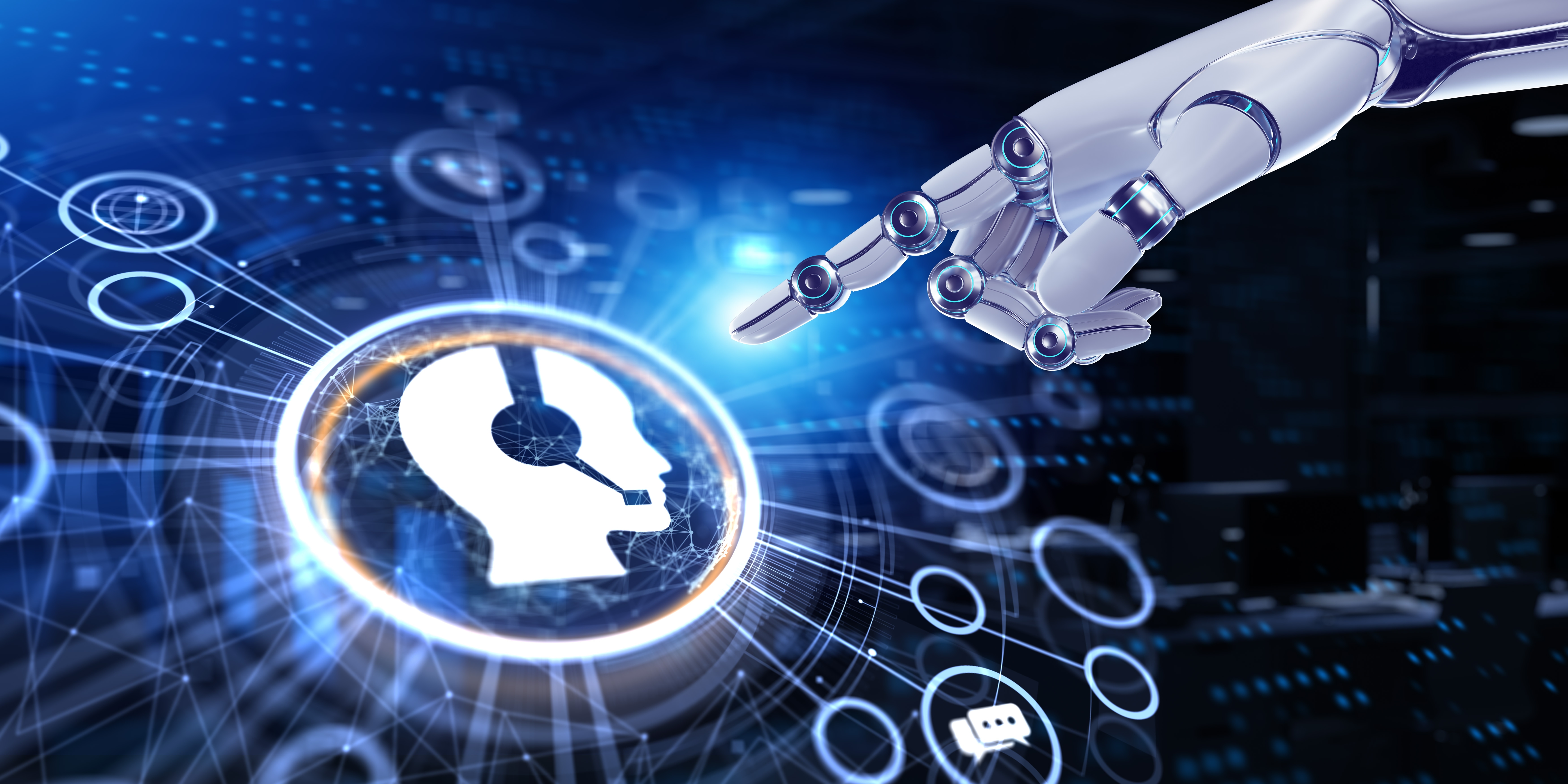 Artificial intelligence in call centers illustrating AI automation, customer service headset icon, and digital analytics technology in BPO operations