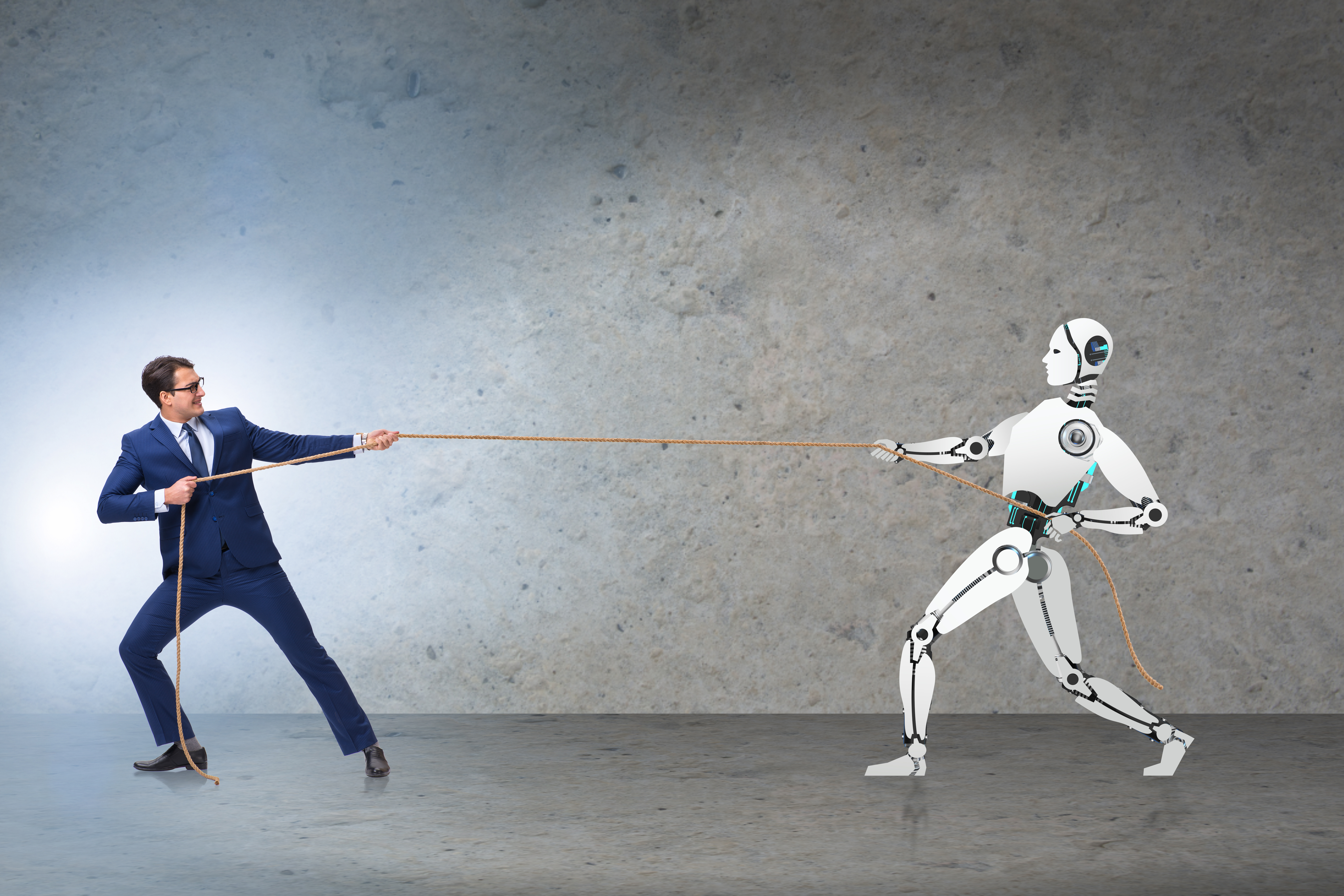 Business executive and AI robot competing in a tug-of-war representing AI's role in customer service outsourcing, contact center strategy, and BPO selection.