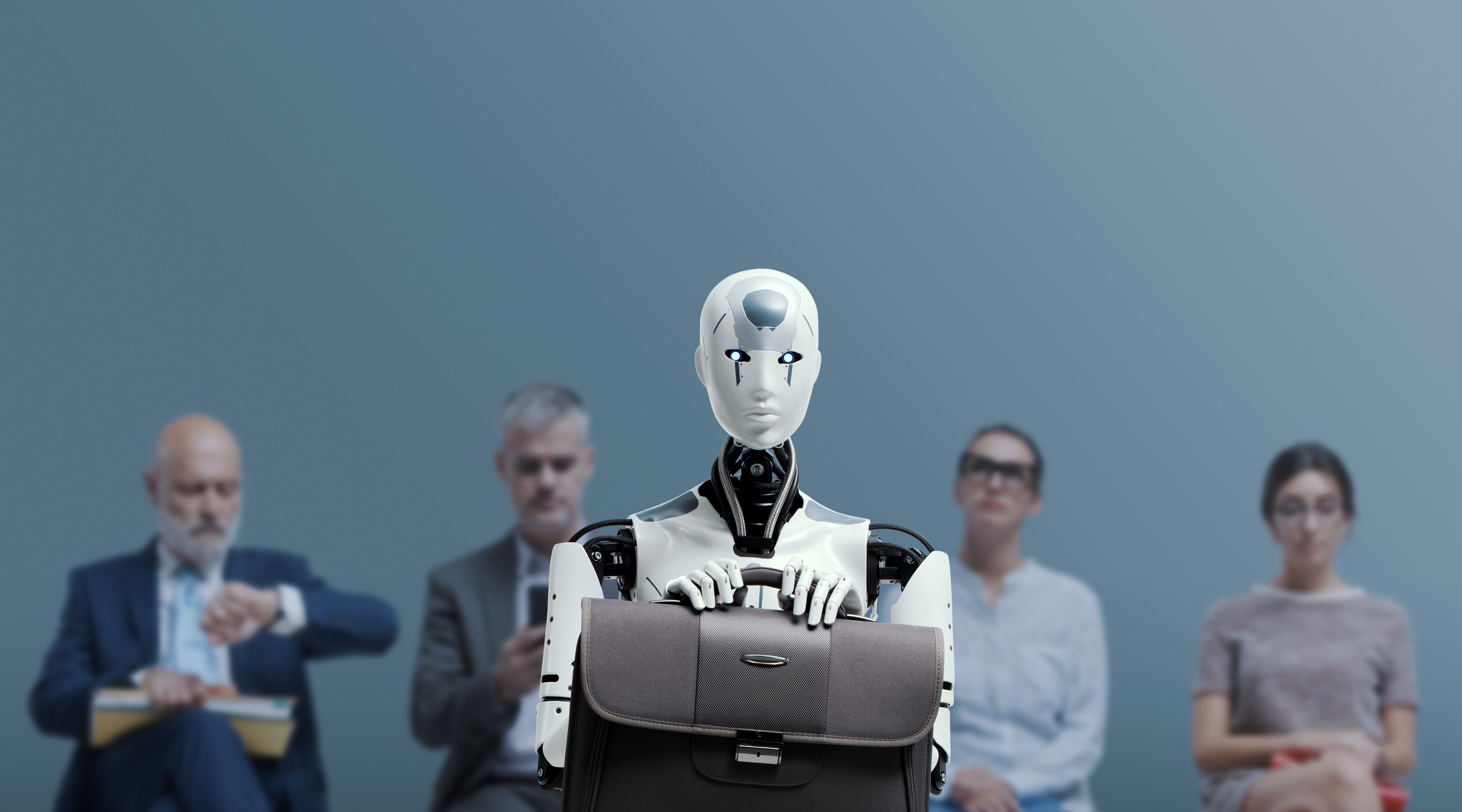 Symbolic image of a robot among human job candidates, representing the balance between technology and people in modern call centers.
