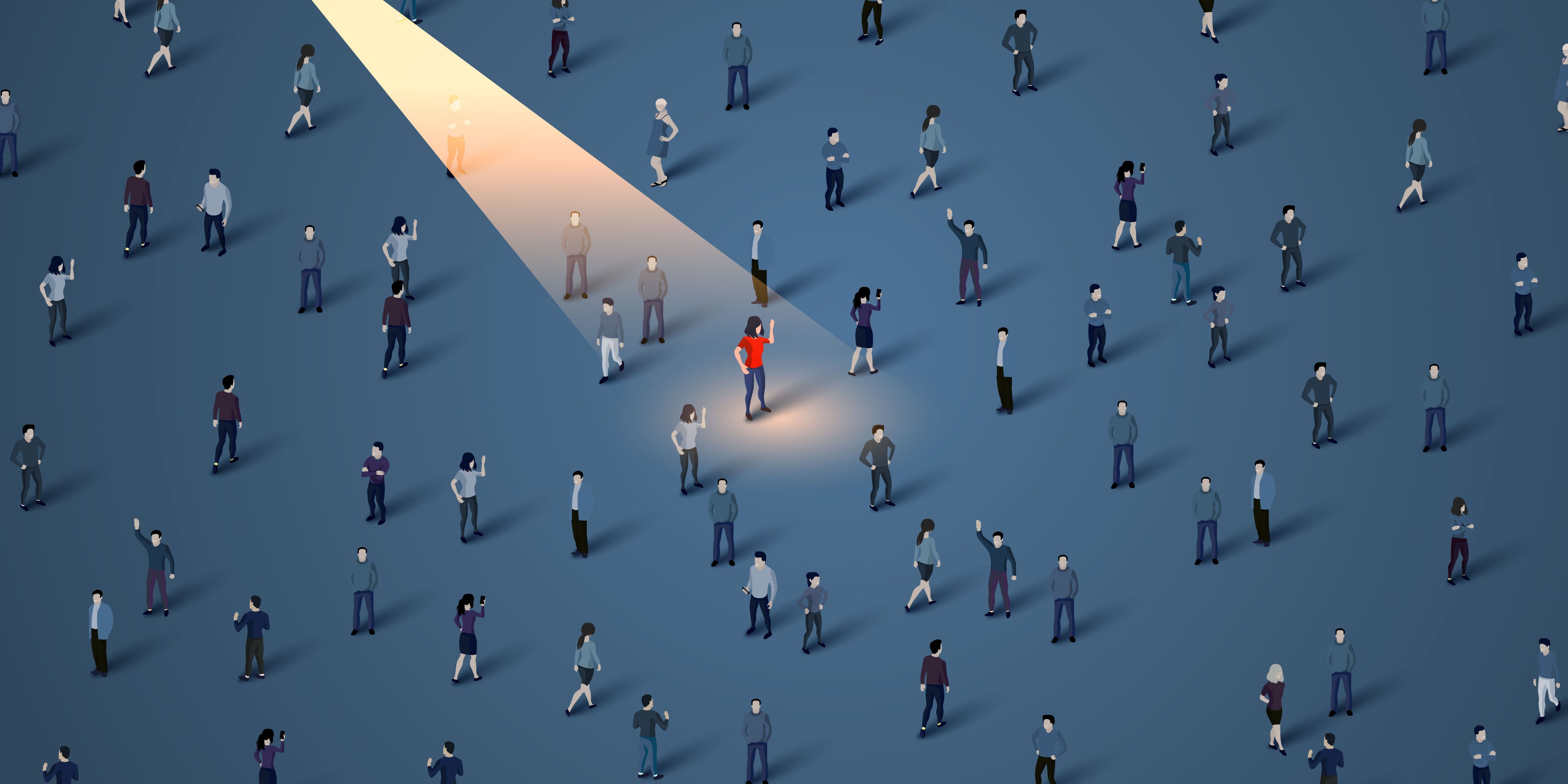 Illustration of one person standing out in a crowd under a spotlight, symbolizing BPO differentiation and the importance of becoming indispensable to clients.