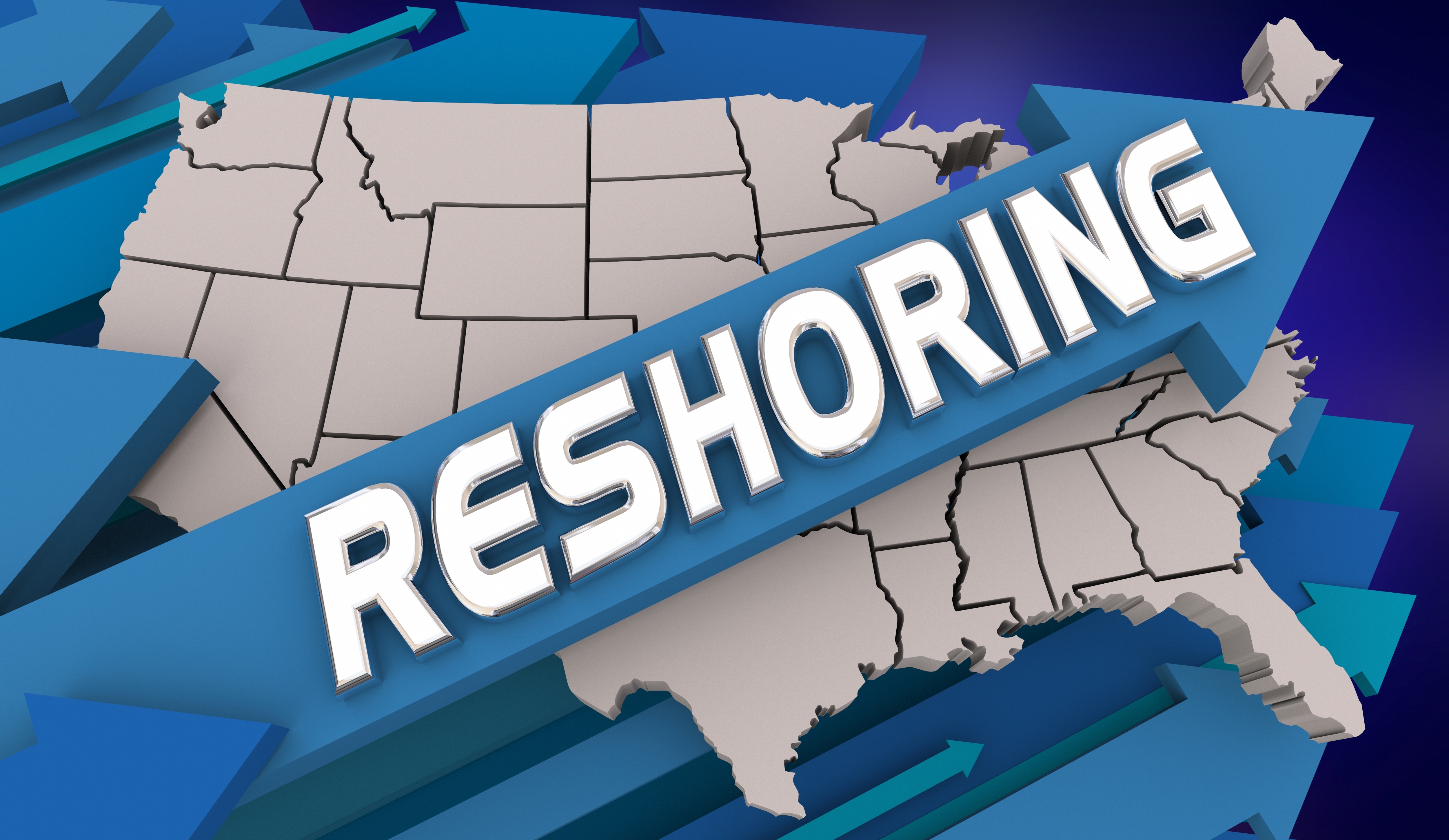Reshoring call centers illustration showing U.S. map with arrows, symbolizing customer experience legislation and the impact of the Keep Call Centers in America Act